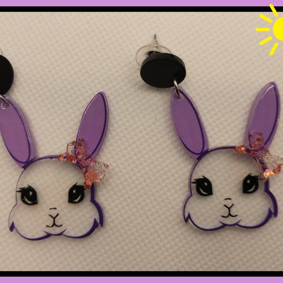 Lavender Bunny Earrings Glitter Bow Purple Rabbit Acrylic - Picture 1 of 2